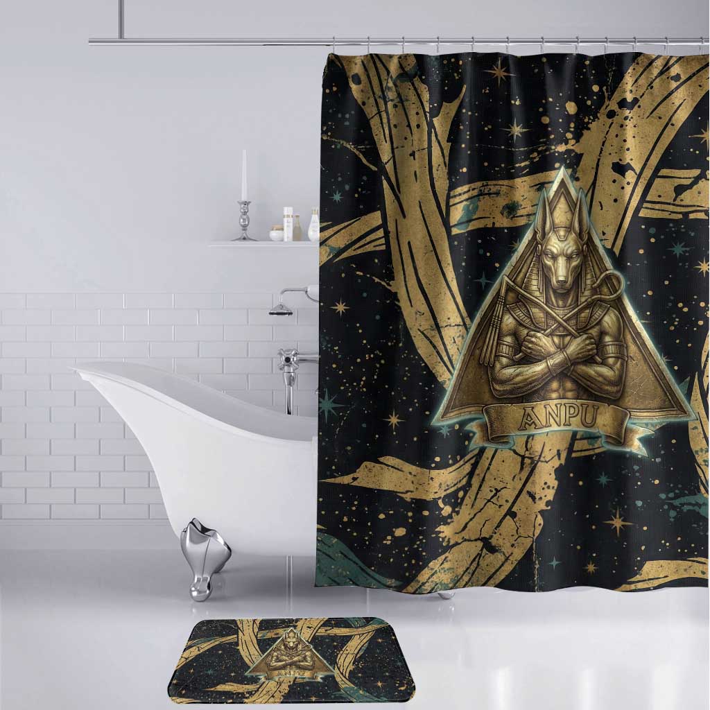 Anubis Ancient Egyptian Bathroom Set with Starry Mummy Wrap Pattern, Anubis Warrior Illustration, and Pyramid - Wonder Print Shop