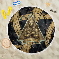 Anubis Ancient Egyptian Beach Blanket with Starry Mummy Wrap Pattern, Anubis Warrior Illustration, and Pyramid - Wonder Print Shop