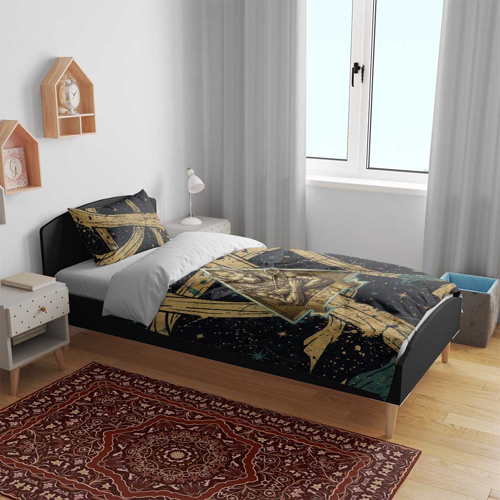 Anubis Ancient Egyptian Bedding Set with Starry Mummy Wrap Pattern, Anubis Warrior Illustration, and Pyramid - Wonder Print Shop