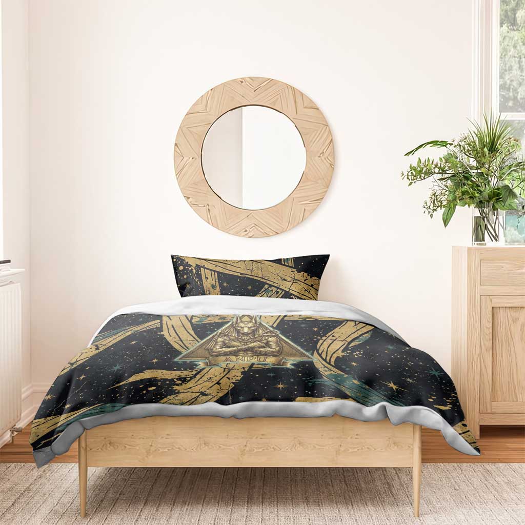 Anubis Ancient Egyptian Bedding Set with Starry Mummy Wrap Pattern, Anubis Warrior Illustration, and Pyramid - Wonder Print Shop