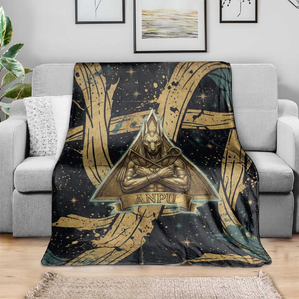 Anubis Ancient Egyptian Blanket with Starry Mummy Wrap Pattern, Anubis Warrior Illustration, and Pyramid - Wonder Print Shop
