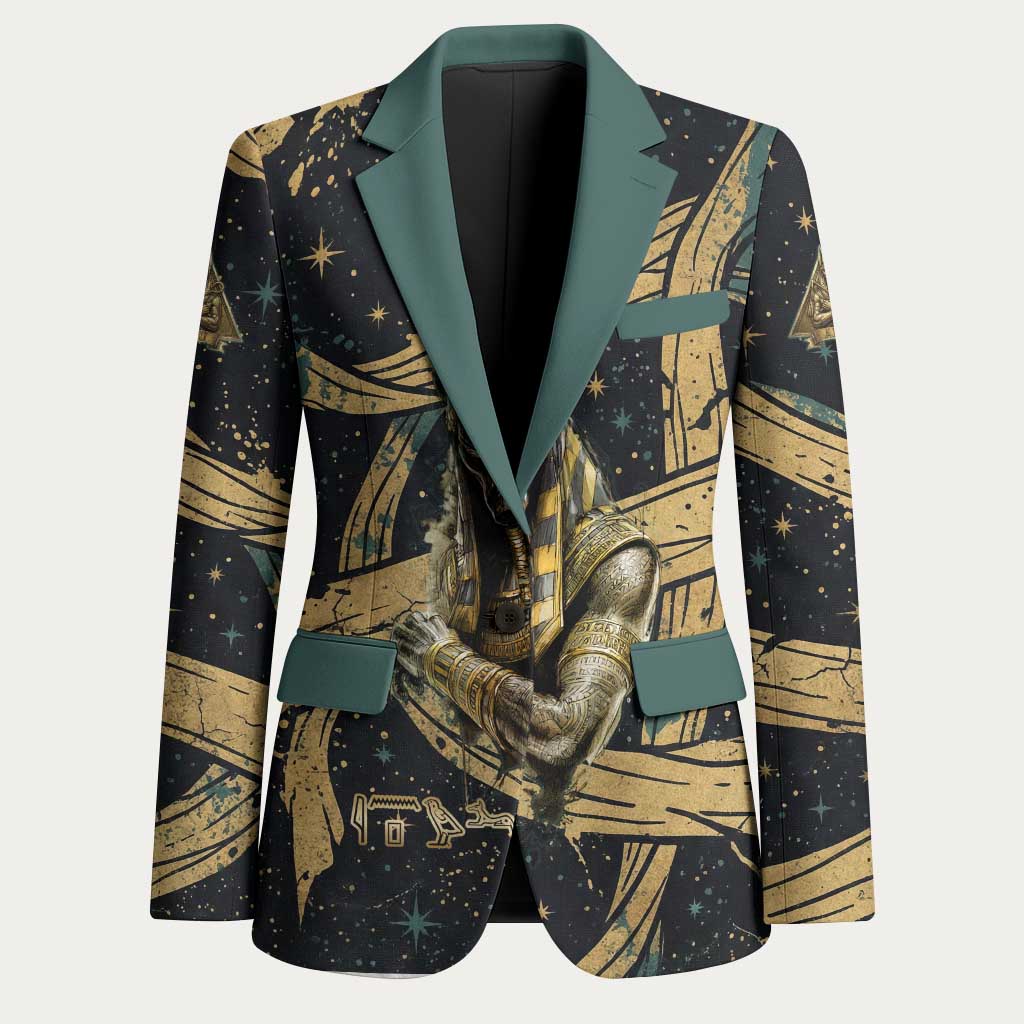 Anubis Ancient Egyptian Blazer with Starry Mummy Wrap Pattern, Anubis Warrior Illustration, and Pyramid - Wonder Print Shop