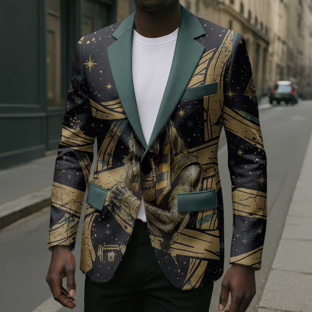 Anubis Ancient Egyptian Blazer with Starry Mummy Wrap Pattern, Anubis Warrior Illustration, and Pyramid - Wonder Print Shop