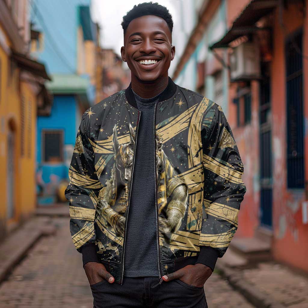 Anubis Ancient Egyptian Bomber Jacket with Starry Mummy Wrap Pattern, Anubis Warrior Illustration, and Pyramid - Wonder Print Shop