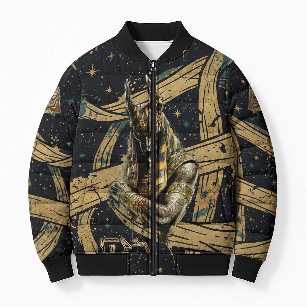 Anubis Ancient Egyptian Bomber Puffer Jacket with Starry Mummy Wrap Pattern, Anubis Warrior Illustration, and Pyramid - Wonder Print Shop