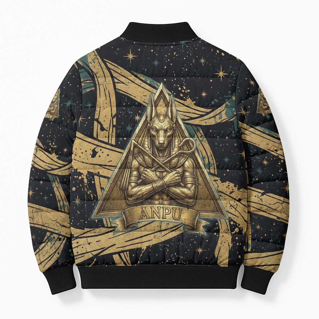 Anubis Ancient Egyptian Bomber Puffer Jacket with Starry Mummy Wrap Pattern, Anubis Warrior Illustration, and Pyramid - Wonder Print Shop