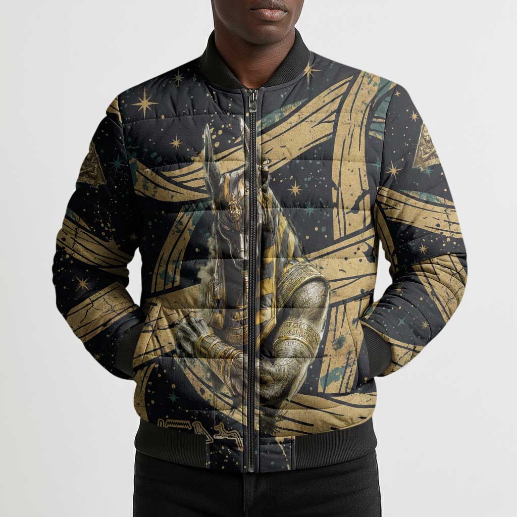Anubis Ancient Egyptian Bomber Puffer Jacket with Starry Mummy Wrap Pattern, Anubis Warrior Illustration, and Pyramid - Wonder Print Shop