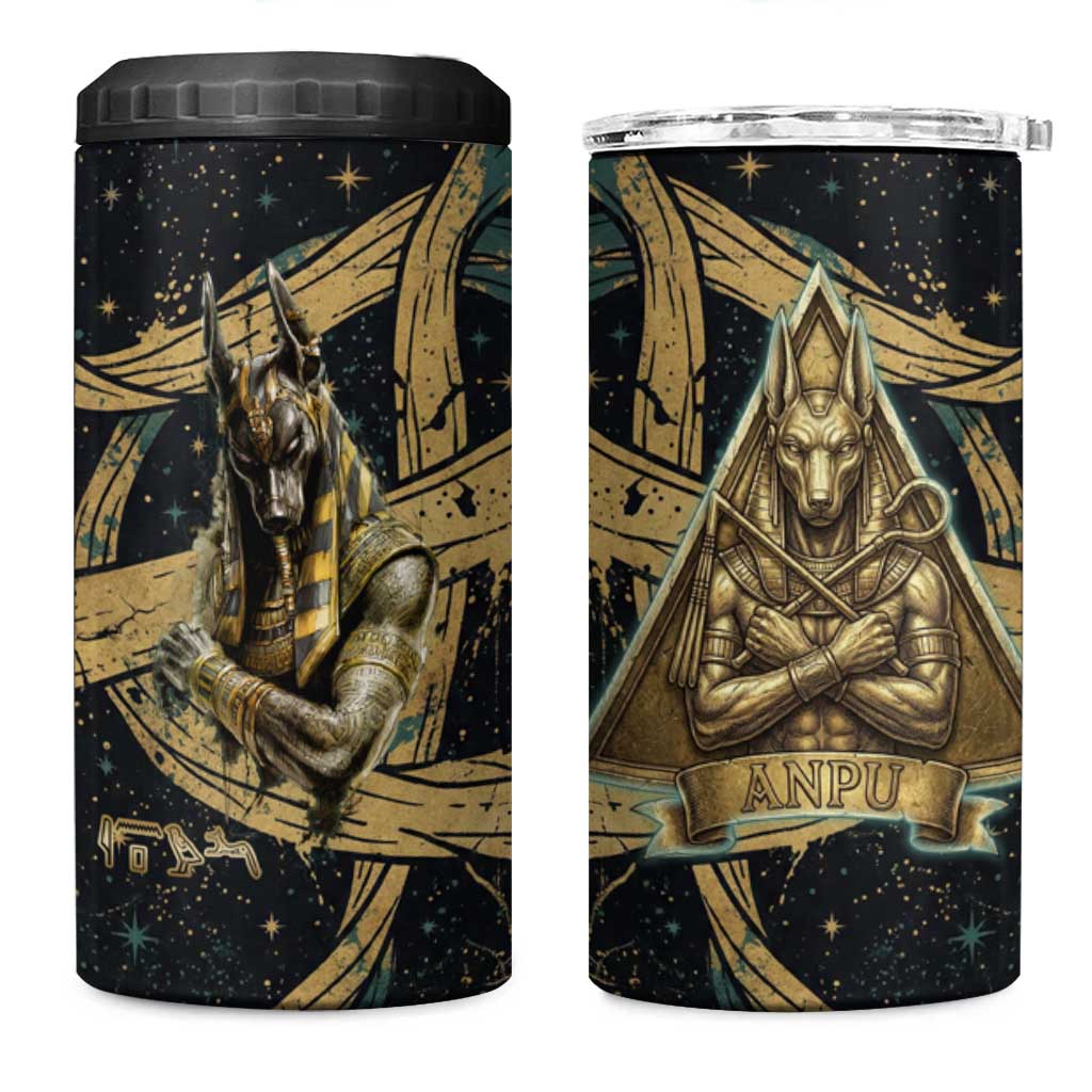 Anubis Ancient Egyptian 4 in 1 Can Cooler Tumbler with Starry Mummy Wrap Pattern, Anubis Warrior Illustration, and Pyramid - Wonder Print Shop