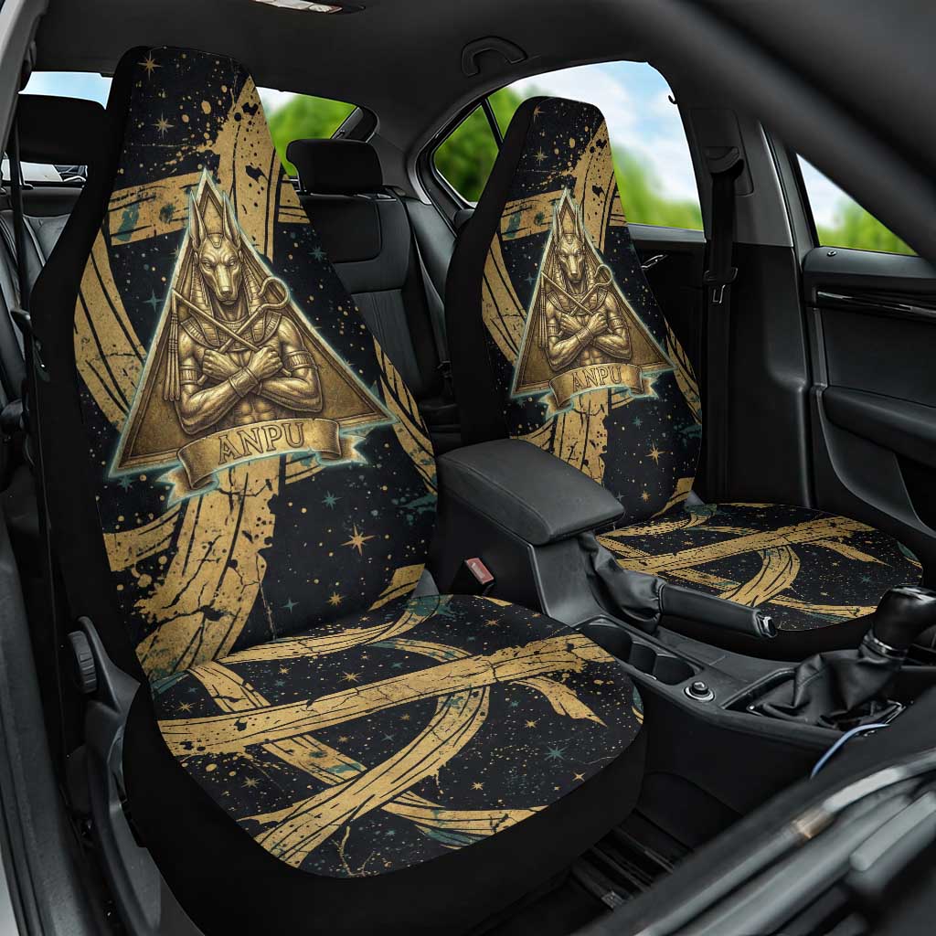 Anubis Ancient Egyptian Car Seat Cover with Starry Mummy Wrap Pattern, Anubis Warrior Illustration, and Pyramid - Wonder Print Shop