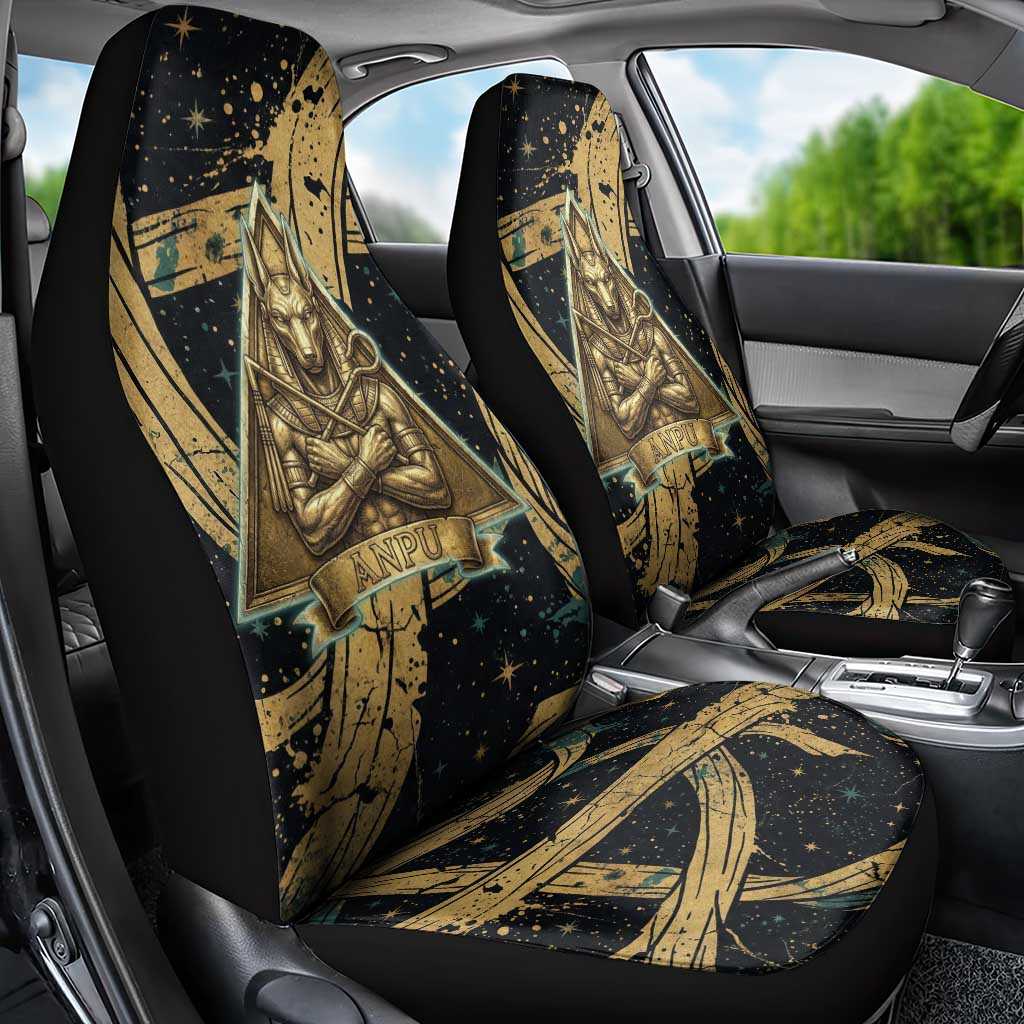 Anubis Ancient Egyptian Car Seat Cover with Starry Mummy Wrap Pattern, Anubis Warrior Illustration, and Pyramid - Wonder Print Shop