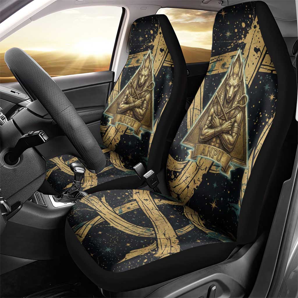 Anubis Ancient Egyptian Car Seat Cover with Starry Mummy Wrap Pattern, Anubis Warrior Illustration, and Pyramid - Wonder Print Shop