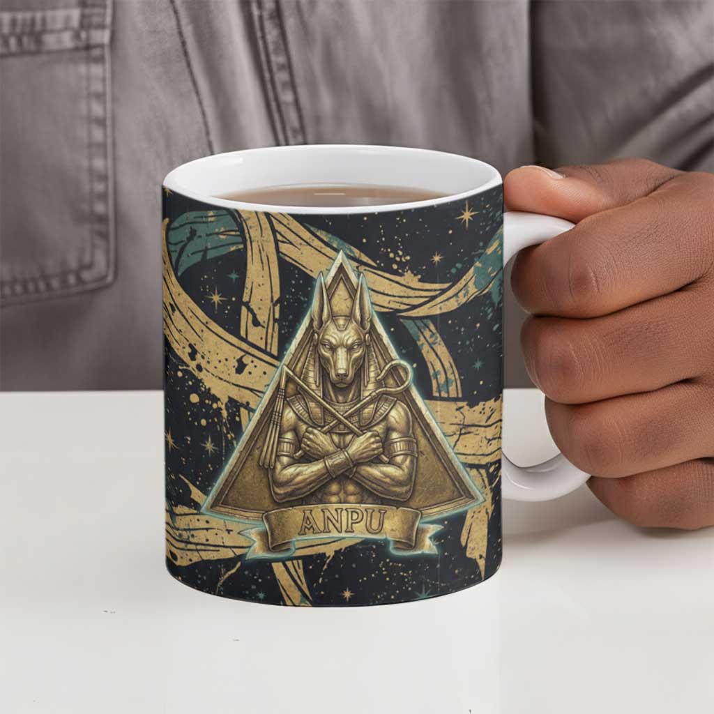 Anubis Ancient Egyptian Ceramic Mug with Starry Mummy Wrap Pattern, Anubis Warrior Illustration, and Pyramid - Wonder Print Shop