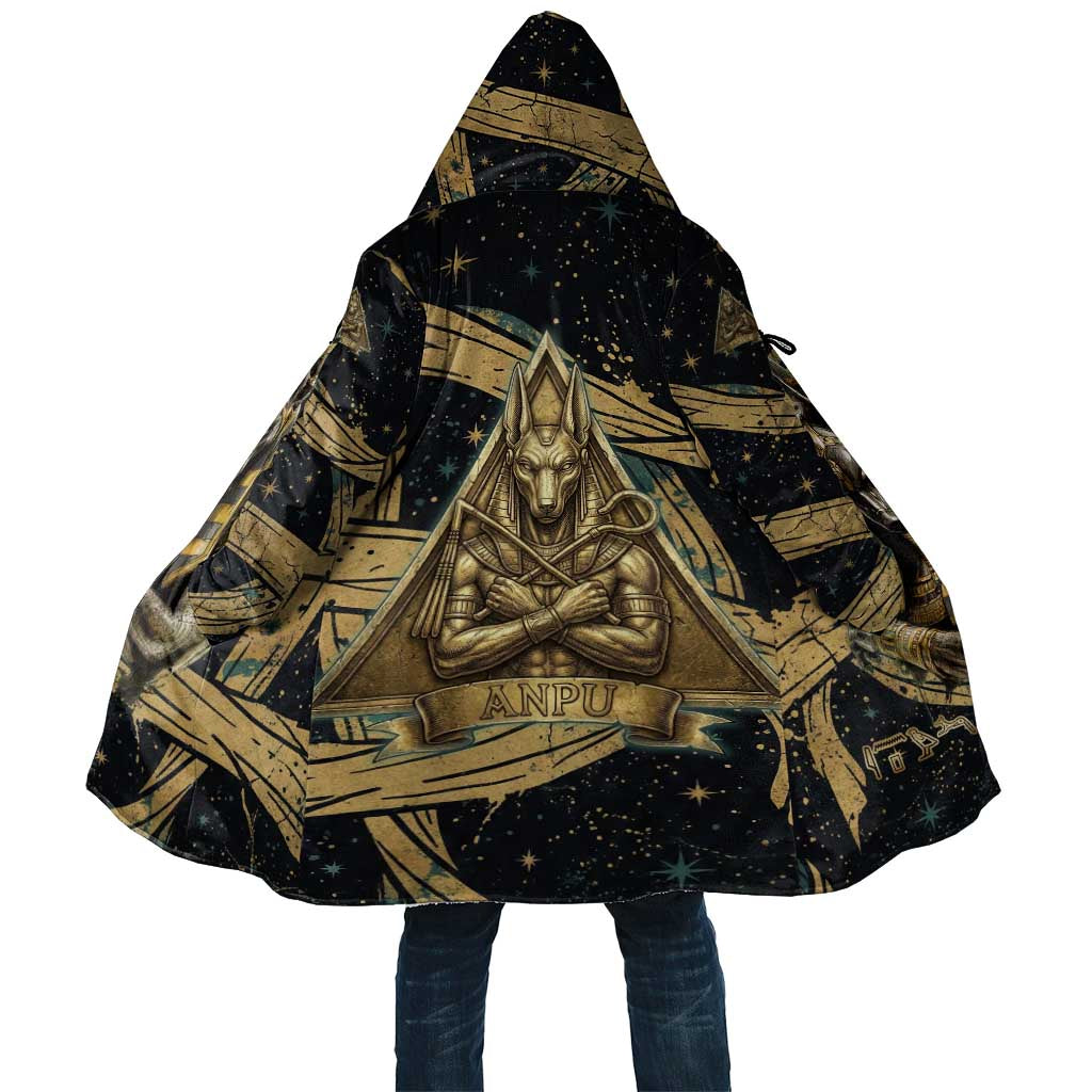 Anubis Ancient Egyptian Cloak with Starry Mummy Wrap Pattern, Anubis Warrior Illustration, and Pyramid - Wonder Print Shop