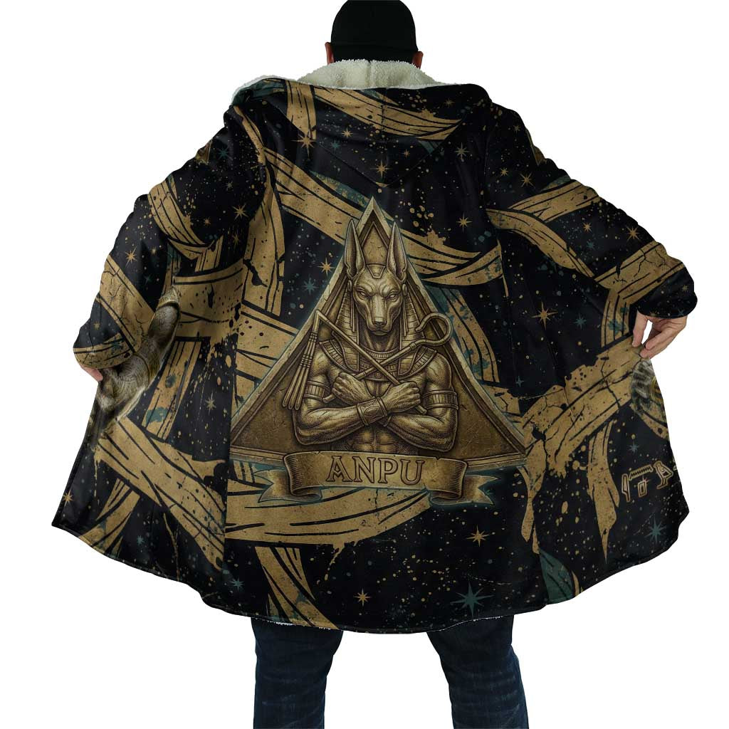 Anubis Ancient Egyptian Cloak with Starry Mummy Wrap Pattern, Anubis Warrior Illustration, and Pyramid - Wonder Print Shop