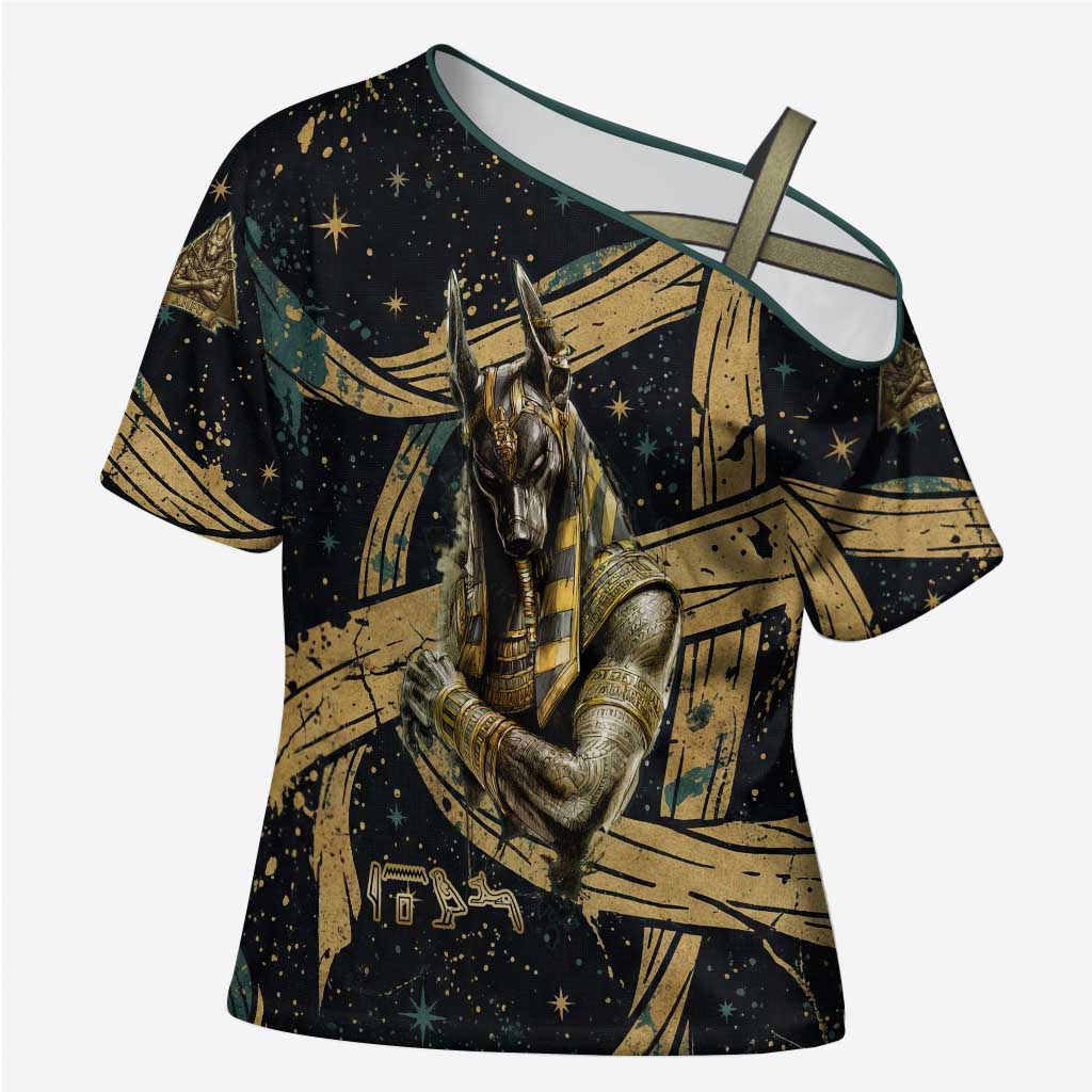 Anubis Ancient Egyptian Cross Shoulder Shirt with Starry Mummy Wrap Pattern, Anubis Warrior Illustration, and Pyramid - Wonder Print Shop