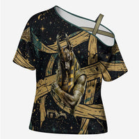 Anubis Ancient Egyptian Cross Shoulder Shirt with Starry Mummy Wrap Pattern, Anubis Warrior Illustration, and Pyramid - Wonder Print Shop