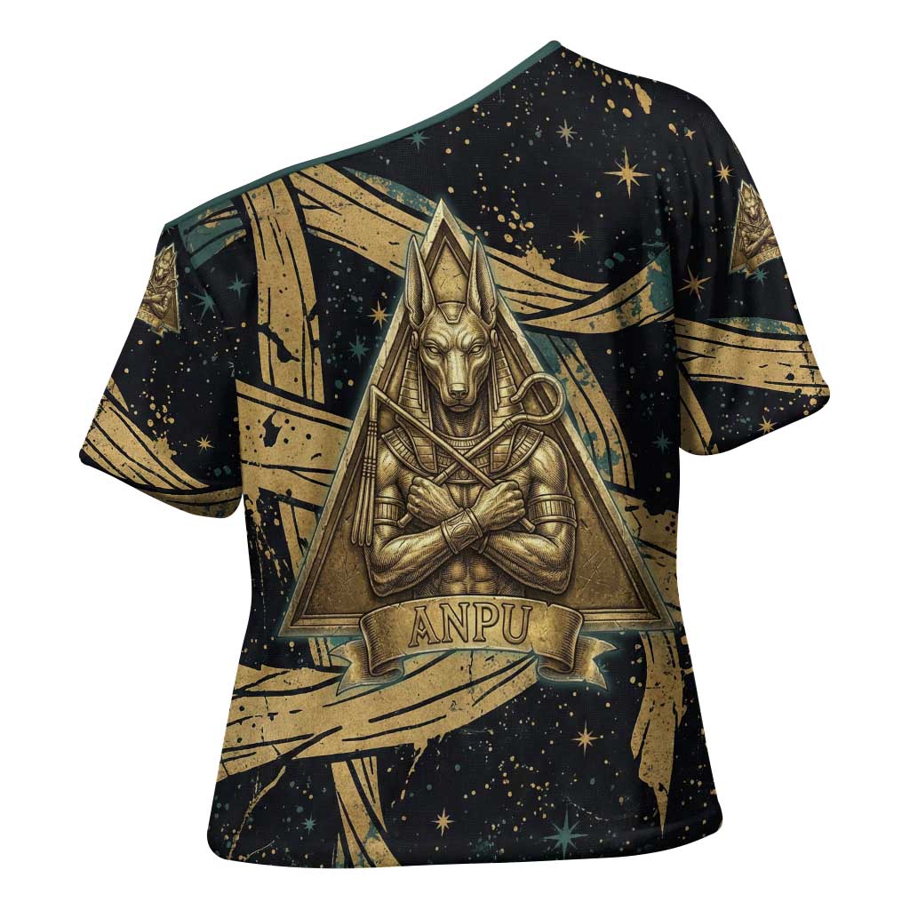 Anubis Ancient Egyptian Cross Shoulder Shirt with Starry Mummy Wrap Pattern, Anubis Warrior Illustration, and Pyramid - Wonder Print Shop