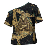 Anubis Ancient Egyptian Cross Shoulder Shirt with Starry Mummy Wrap Pattern, Anubis Warrior Illustration, and Pyramid - Wonder Print Shop