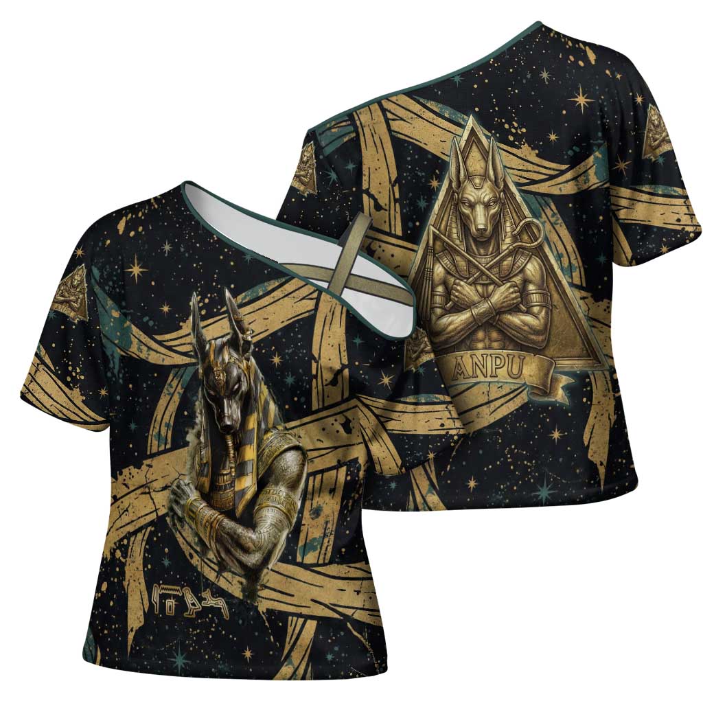 Anubis Ancient Egyptian Cross Shoulder Shirt with Starry Mummy Wrap Pattern, Anubis Warrior Illustration, and Pyramid - Wonder Print Shop