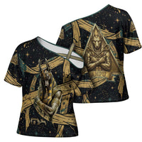Anubis Ancient Egyptian Cross Shoulder Shirt with Starry Mummy Wrap Pattern, Anubis Warrior Illustration, and Pyramid - Wonder Print Shop