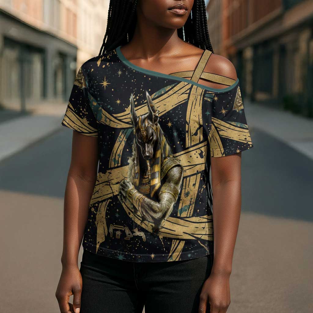 Anubis Ancient Egyptian Cross Shoulder Shirt with Starry Mummy Wrap Pattern, Anubis Warrior Illustration, and Pyramid - Wonder Print Shop