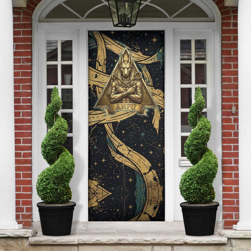 Anubis Ancient Egyptian Door Cover with Starry Mummy Wrap Pattern, Anubis Warrior Illustration, and Pyramid - Wonder Print Shop