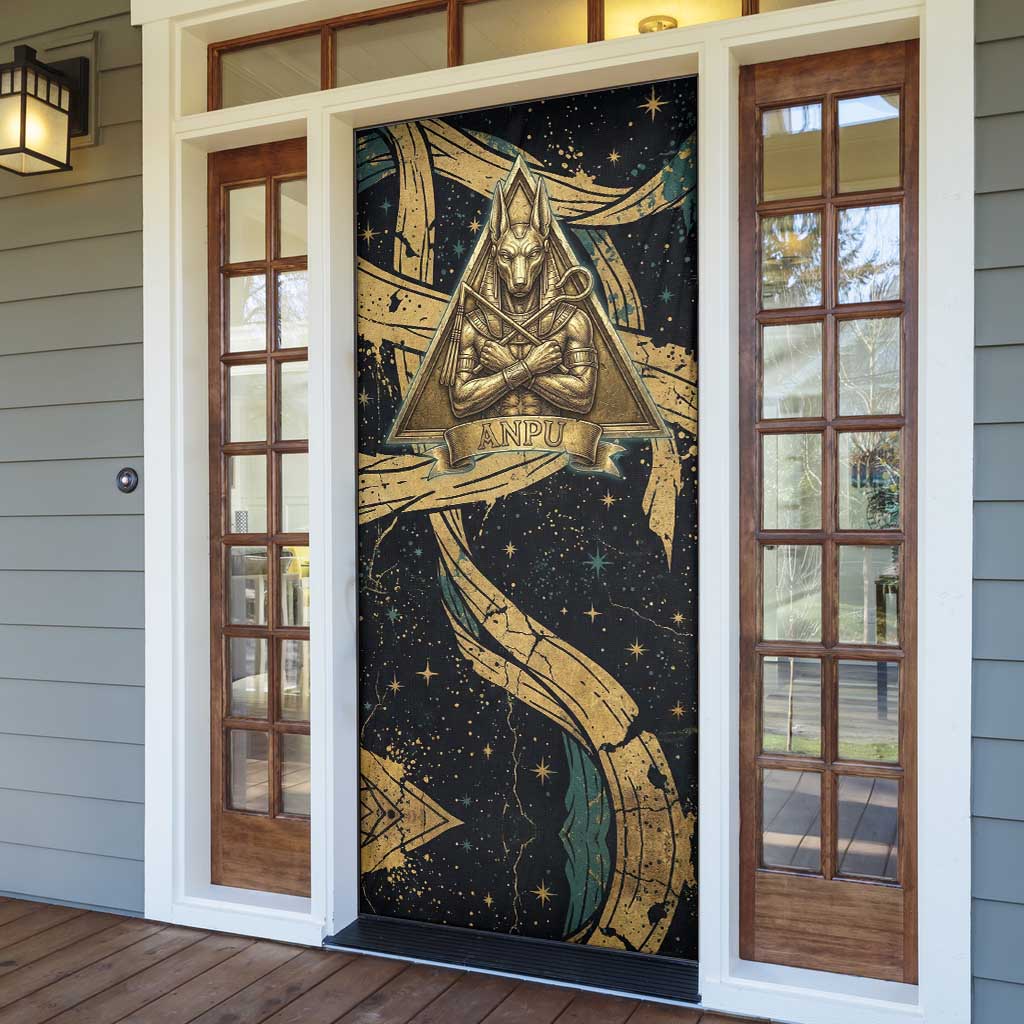 Anubis Ancient Egyptian Door Cover with Starry Mummy Wrap Pattern, Anubis Warrior Illustration, and Pyramid - Wonder Print Shop