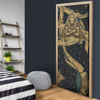 Anubis Ancient Egyptian Door Cover with Starry Mummy Wrap Pattern, Anubis Warrior Illustration, and Pyramid - Wonder Print Shop