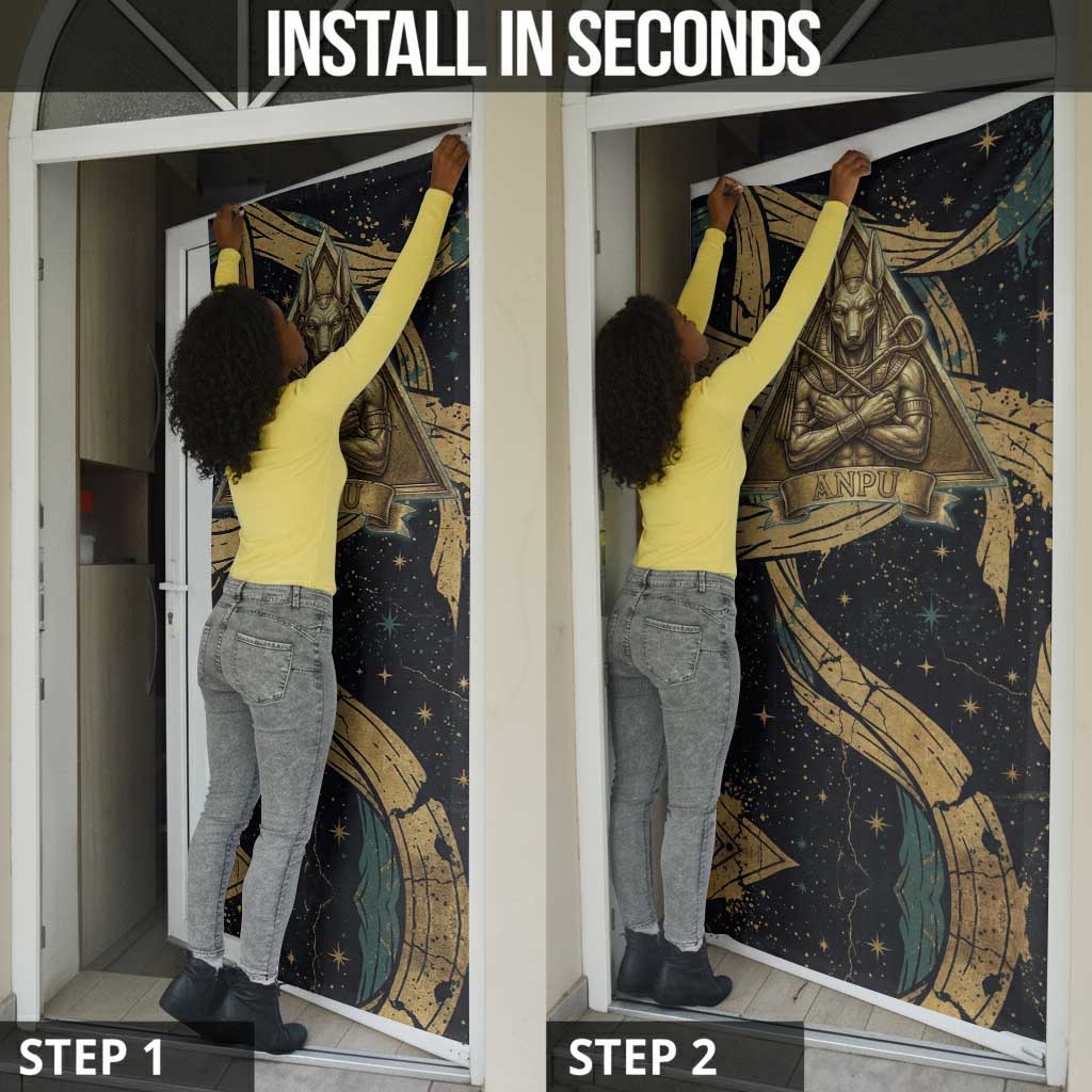 Anubis Ancient Egyptian Door Cover with Starry Mummy Wrap Pattern, Anubis Warrior Illustration, and Pyramid - Wonder Print Shop