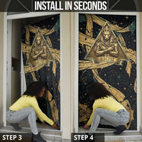 Anubis Ancient Egyptian Door Cover with Starry Mummy Wrap Pattern, Anubis Warrior Illustration, and Pyramid - Wonder Print Shop