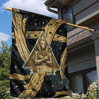 Anubis Ancient Egyptian Garden Flag with Starry Mummy Wrap Pattern, Anubis Warrior Illustration, and Pyramid - Wonder Print Shop