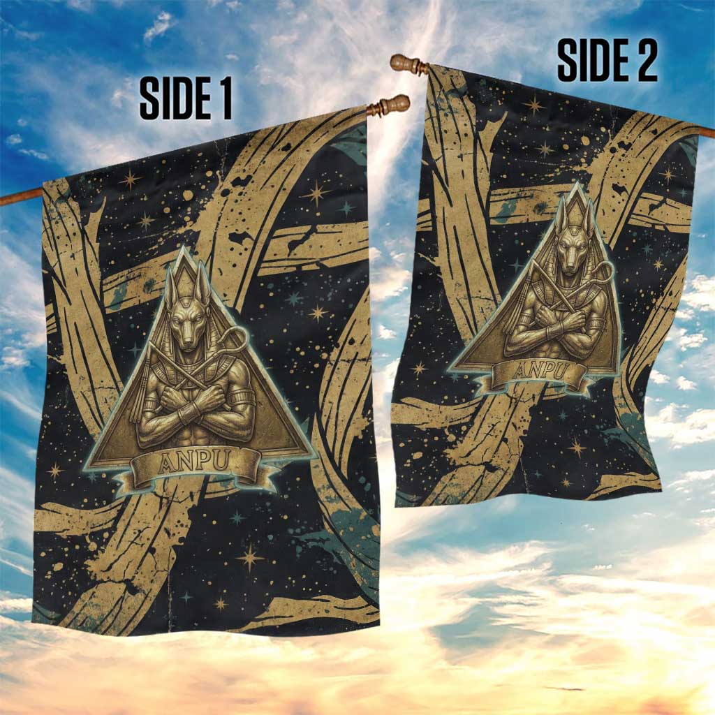 Anubis Ancient Egyptian Garden Flag with Starry Mummy Wrap Pattern, Anubis Warrior Illustration, and Pyramid - Wonder Print Shop