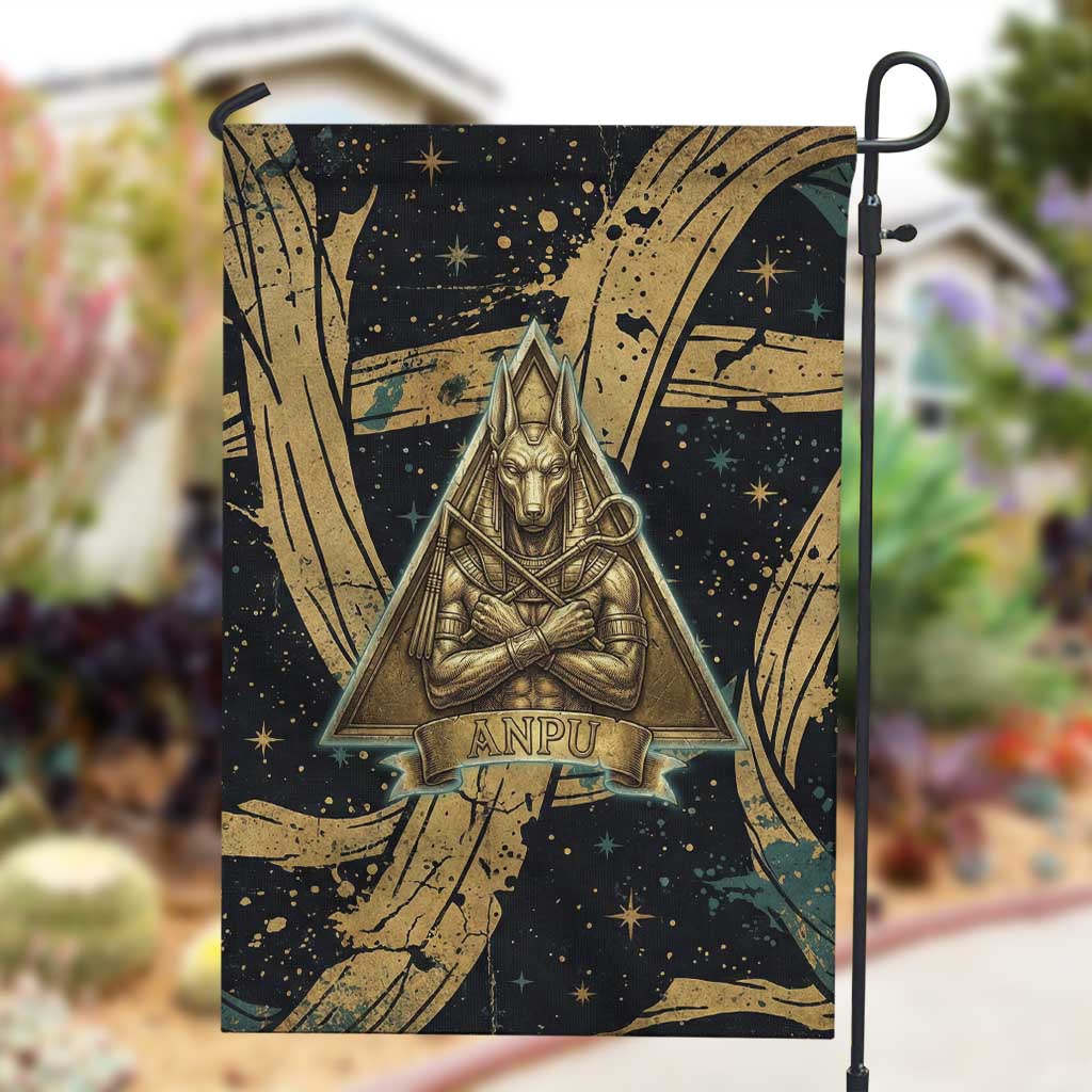 Anubis Ancient Egyptian Garden Flag with Starry Mummy Wrap Pattern, Anubis Warrior Illustration, and Pyramid - Wonder Print Shop