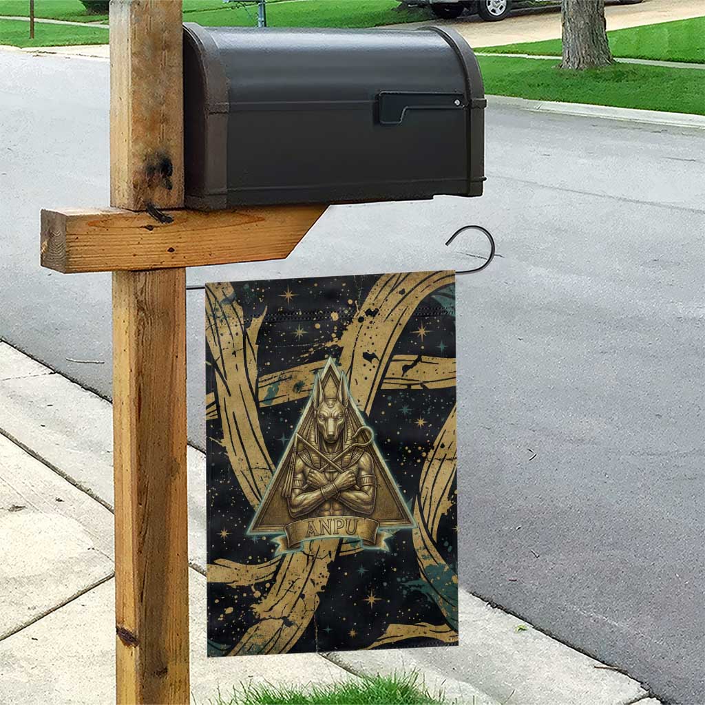 Anubis Ancient Egyptian Garden Flag with Starry Mummy Wrap Pattern, Anubis Warrior Illustration, and Pyramid - Wonder Print Shop