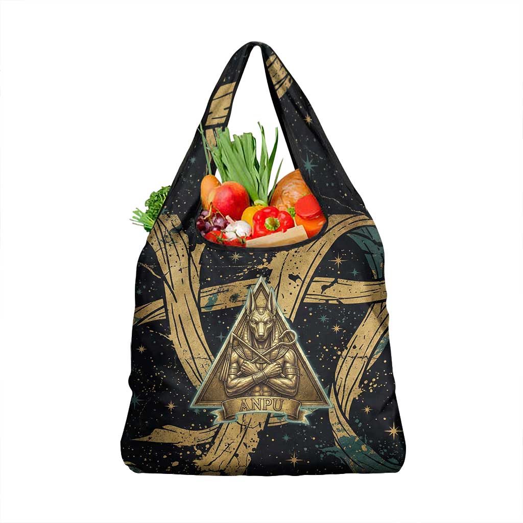 Anubis Ancient Egyptian Grocery Bag with Starry Mummy Wrap Pattern, Anubis Warrior Illustration, and Pyramid - Wonder Print Shop