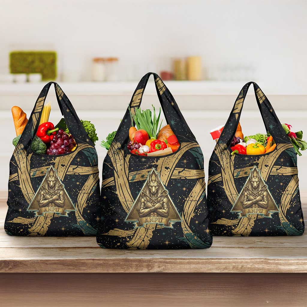Anubis Ancient Egyptian Grocery Bag with Starry Mummy Wrap Pattern, Anubis Warrior Illustration, and Pyramid - Wonder Print Shop