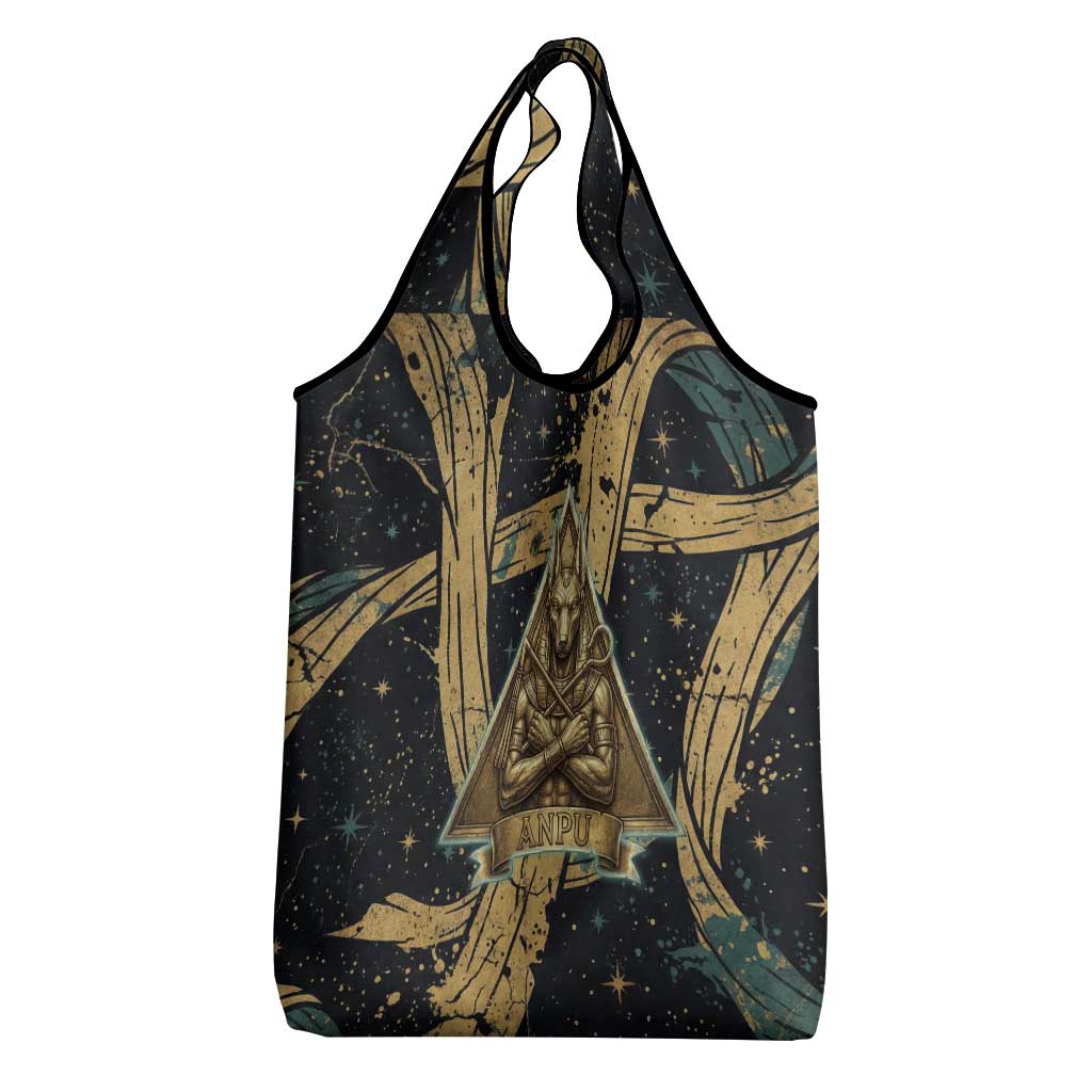 Anubis Ancient Egyptian Grocery Bag with Starry Mummy Wrap Pattern, Anubis Warrior Illustration, and Pyramid - Wonder Print Shop