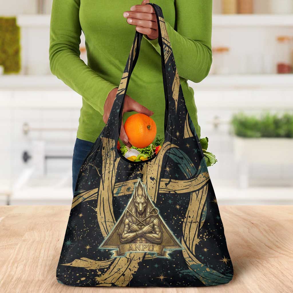 Anubis Ancient Egyptian Grocery Bag with Starry Mummy Wrap Pattern, Anubis Warrior Illustration, and Pyramid - Wonder Print Shop