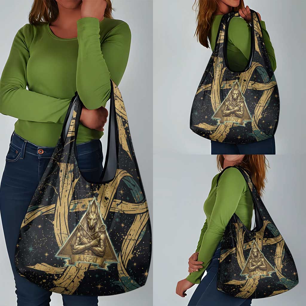 Anubis Ancient Egyptian Grocery Bag with Starry Mummy Wrap Pattern, Anubis Warrior Illustration, and Pyramid - Wonder Print Shop