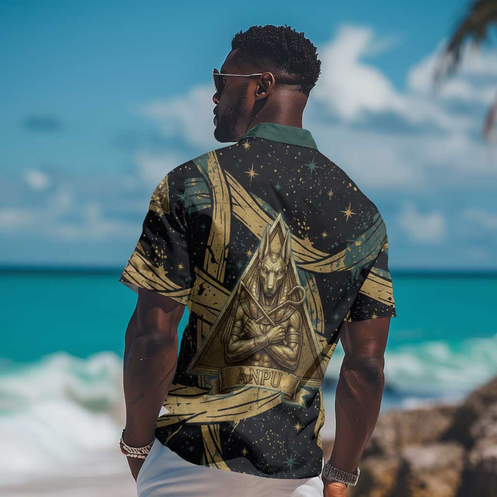 Anubis Ancient Egyptian Hawaiian Shirt with Starry Mummy Wrap Pattern, Anubis Warrior Illustration, and Pyramid - Wonder Print Shop