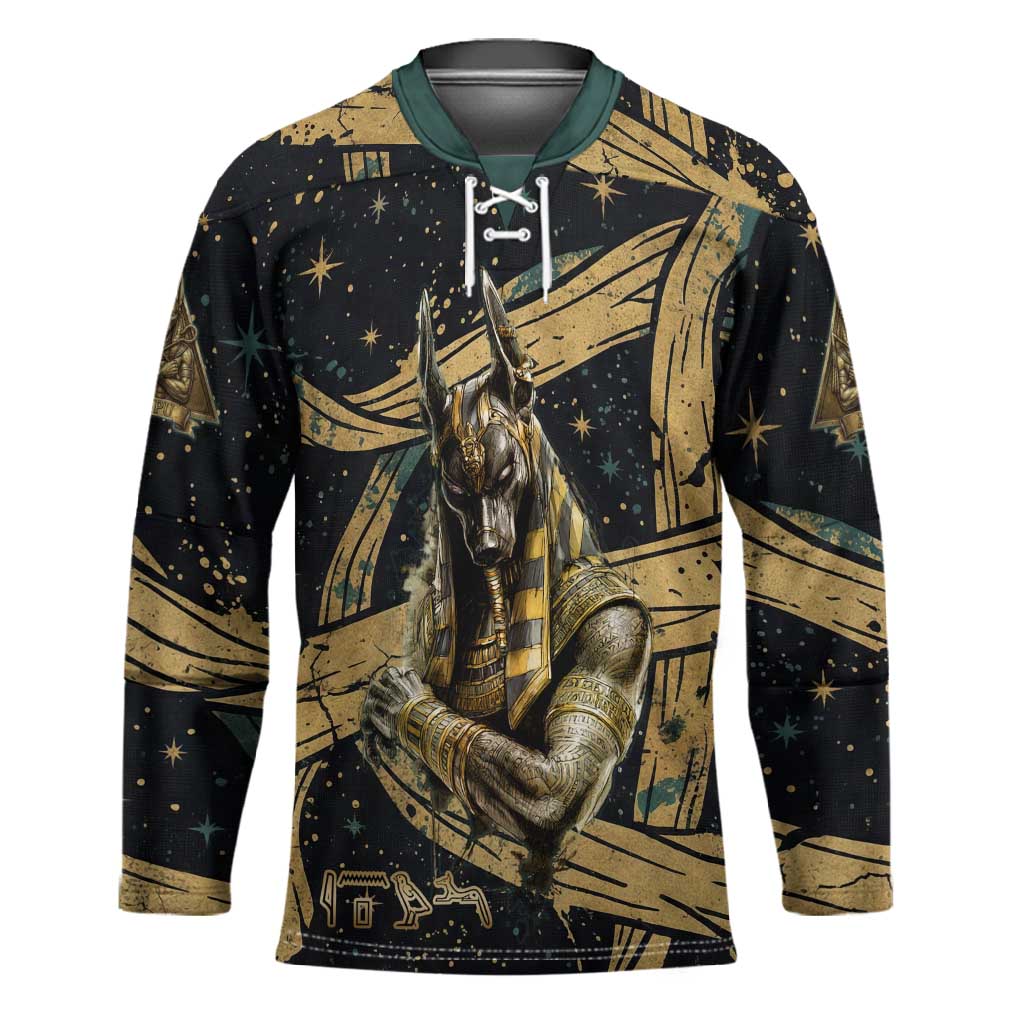 Anubis Ancient Egyptian Hockey Jersey with Starry Mummy Wrap Pattern, Anubis Warrior Illustration, and Pyramid - Wonder Print Shop