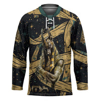 Anubis Ancient Egyptian Hockey Jersey with Starry Mummy Wrap Pattern, Anubis Warrior Illustration, and Pyramid - Wonder Print Shop