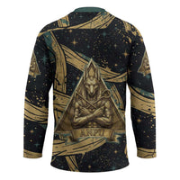 Anubis Ancient Egyptian Hockey Jersey with Starry Mummy Wrap Pattern, Anubis Warrior Illustration, and Pyramid - Wonder Print Shop