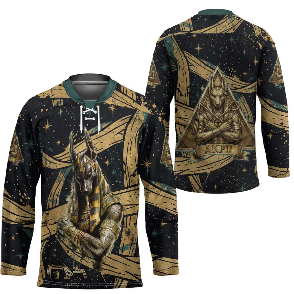 Anubis Ancient Egyptian Hockey Jersey with Starry Mummy Wrap Pattern, Anubis Warrior Illustration, and Pyramid - Wonder Print Shop
