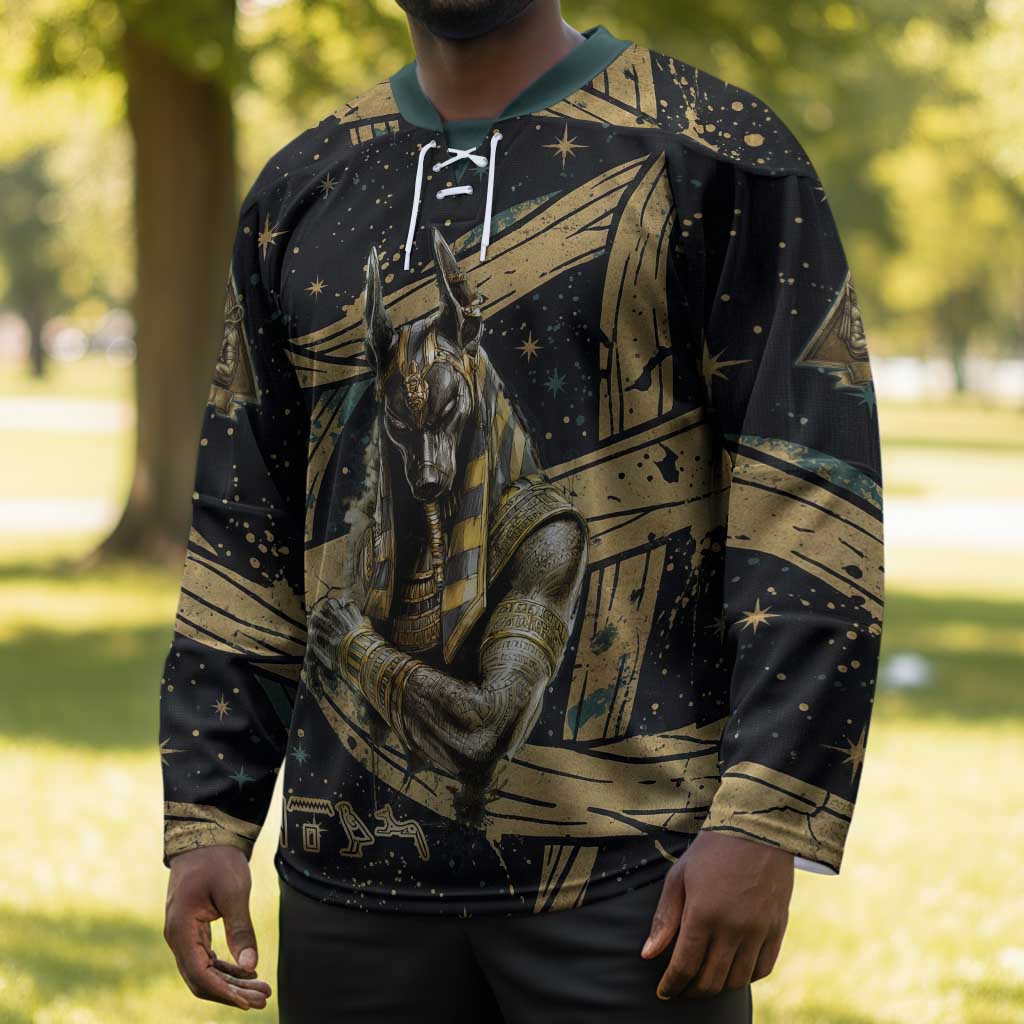 Anubis Ancient Egyptian Hockey Jersey with Starry Mummy Wrap Pattern, Anubis Warrior Illustration, and Pyramid - Wonder Print Shop
