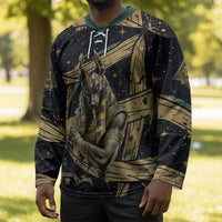 Anubis Ancient Egyptian Hockey Jersey with Starry Mummy Wrap Pattern, Anubis Warrior Illustration, and Pyramid - Wonder Print Shop
