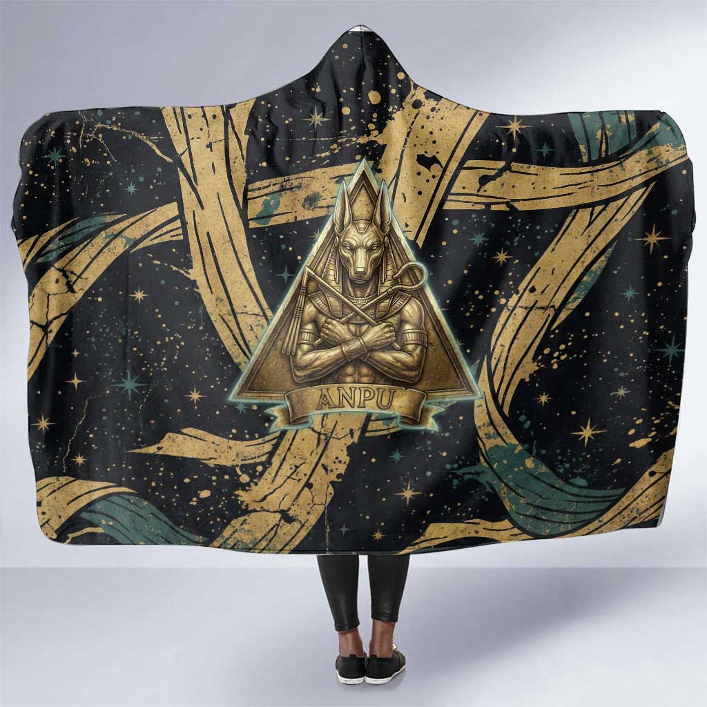 Anubis Ancient Egyptian Hooded Blanket with Starry Mummy Wrap Pattern, Anubis Warrior Illustration, and Pyramid - Wonder Print Shop