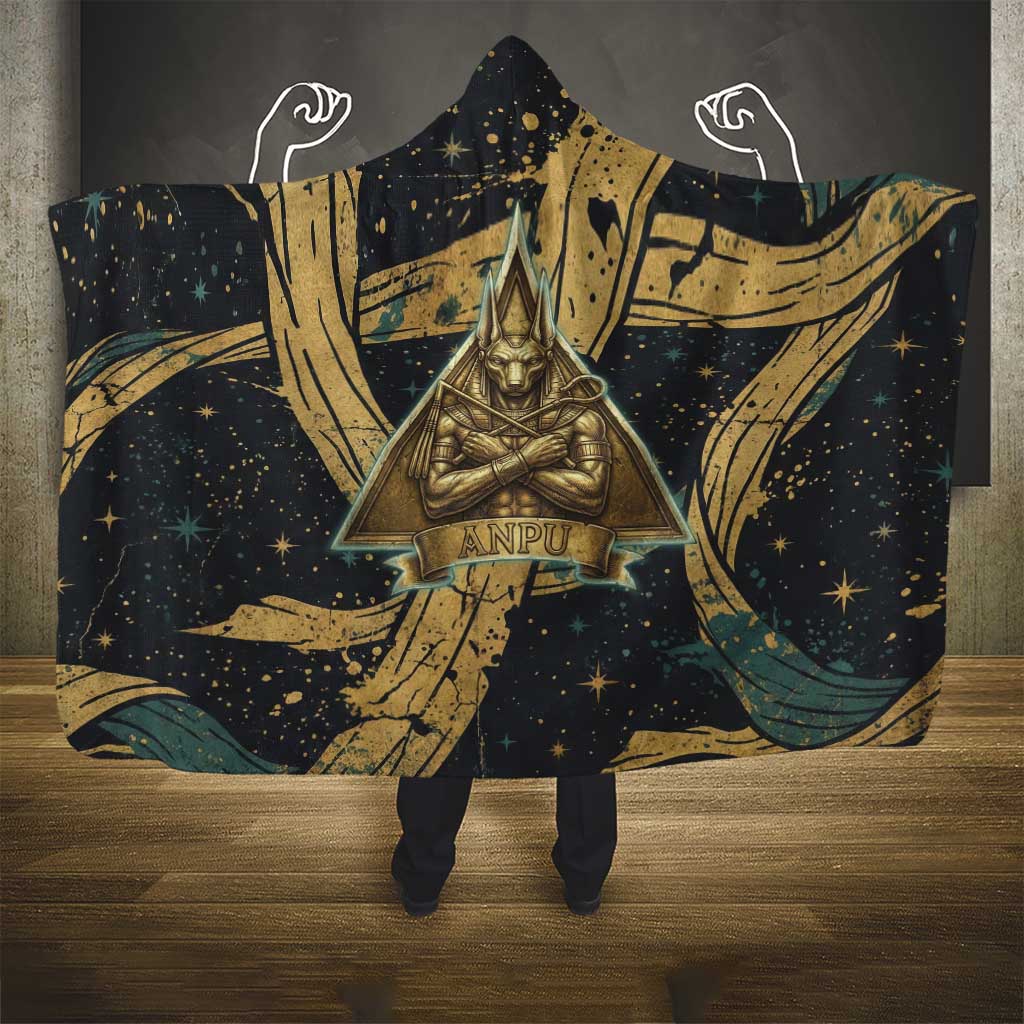 Anubis Ancient Egyptian Hooded Blanket with Starry Mummy Wrap Pattern, Anubis Warrior Illustration, and Pyramid - Wonder Print Shop