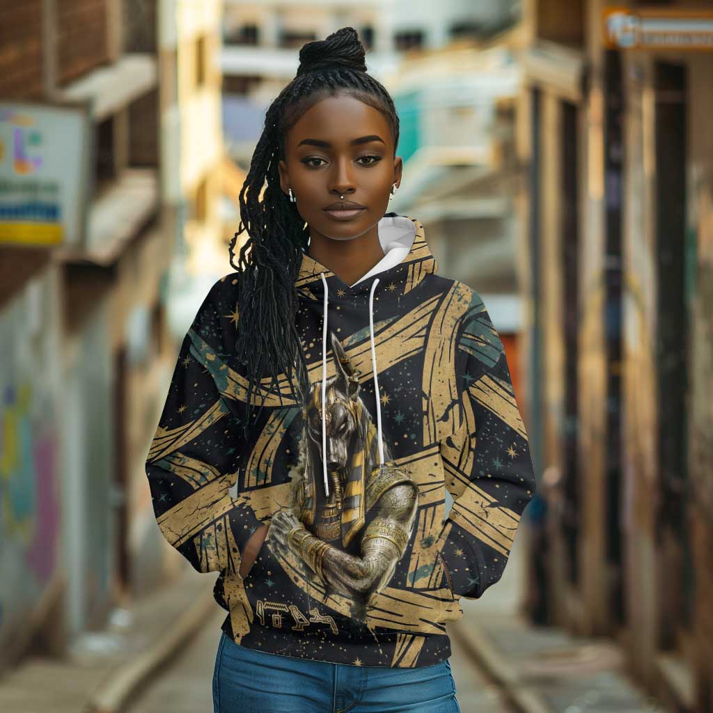 Anubis Ancient Egyptian Hoodie with Starry Mummy Wrap Pattern, Anubis Warrior Illustration, and Pyramid - Wonder Print Shop