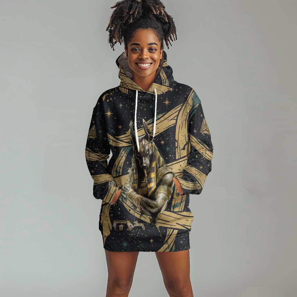 Anubis Ancient Egyptian Hoodie Dress with Starry Mummy Wrap Pattern, Anubis Warrior Illustration, and Pyramid - Wonder Print Shop